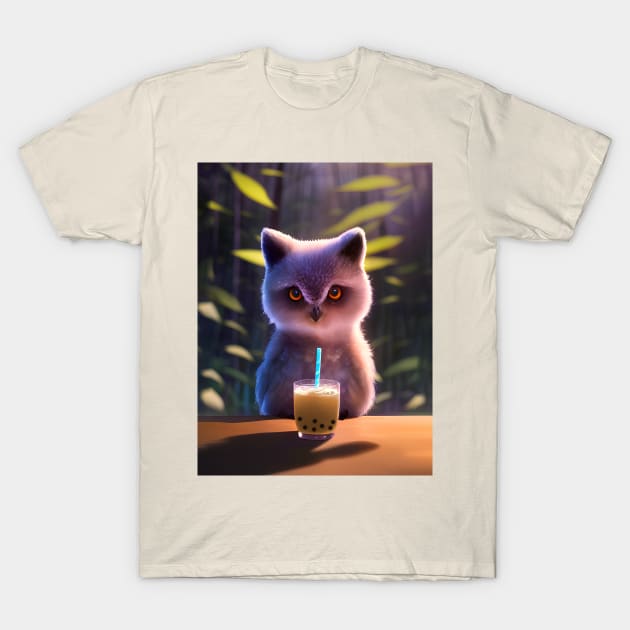 Baby Owl with boba bubble tea T-Shirt by akwl.design